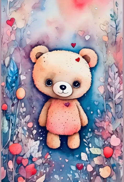 The Chibi Kuma teddy bear is holding a single rose and smiling happily, as many heart-shaped petals swirl and fly up in the air.