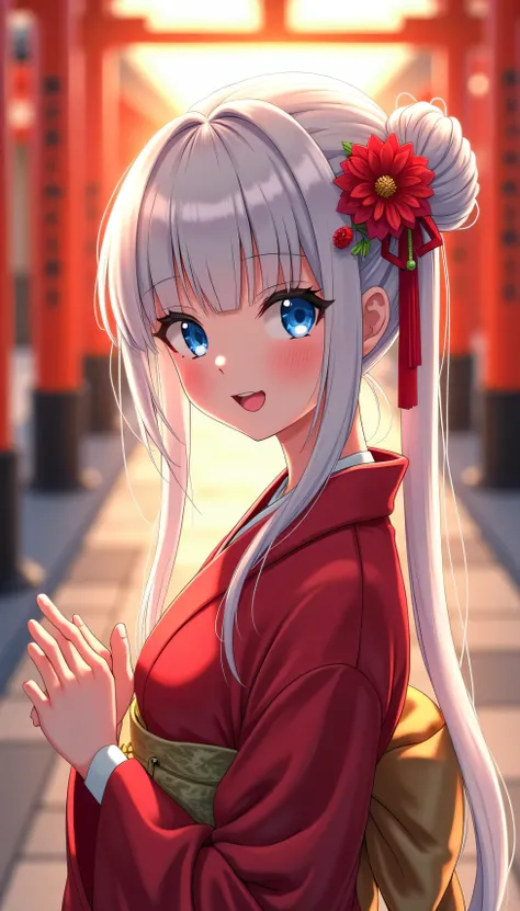 masterpiece, best quality, amazing quality, very aesthetic, high resolution, ultra-detailed, absurdres, newest, scenery, new year shrine visit, cinematic light, 1girl, cute, solo, white hair, long hair, braided bun, hair stick with red flower, blue eyes, l...