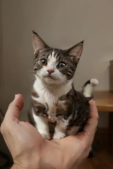 A small cat held by a human hand