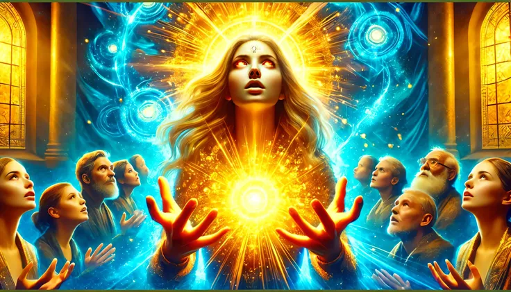 a woman surrounded by her hands in front of a group of people, divine cosmic female power, emanating magic from her palms, radiating rebirth energy, channeling mystical energy, emitting psychic powers, radiating with power, holy energy, glowing golden aura...