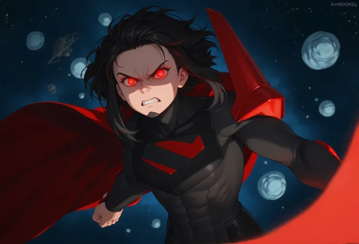 1girl, solo, karazoreldef, red eyes, glowing eyes, red aura, short hair, black hair, medium breasts, toned, karazorelfit, red cape, red glow, black two-tone bodysuit, black shoulder armor, looking at viewer, angry, space, asteroid, floating, airborne, rage...