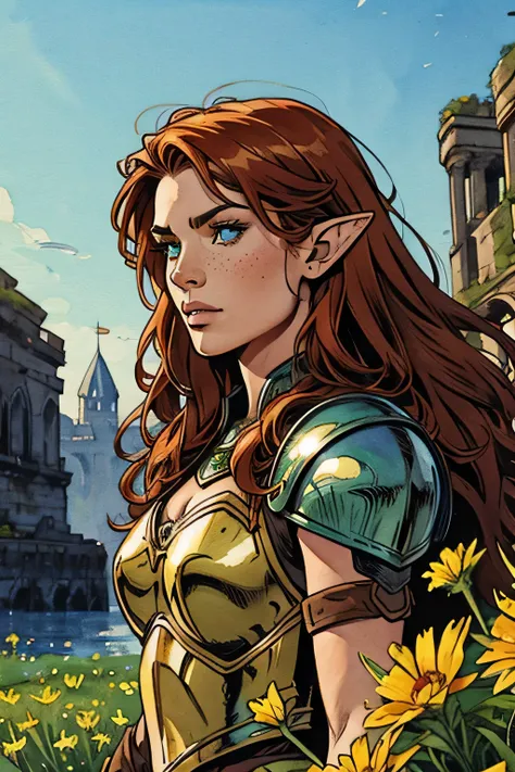 (water colour: 1.2), elf princess, flowers, freckles, bangss, redheadwear, long hair, greeneyes, hair between eyes wearing armor,quite imposing on the battlefield with a pointed spear in his hands, gazing at viewer, flowers brincos , nblurry background, ...