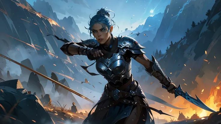 Create a dramatic and intense anime-style digital illustration of a fearless female warrior standing heroically in the midst of a chaotic battlefield. She should have striking light blue hair that flows dynamically in the wind, and piercing blue eyes that ...