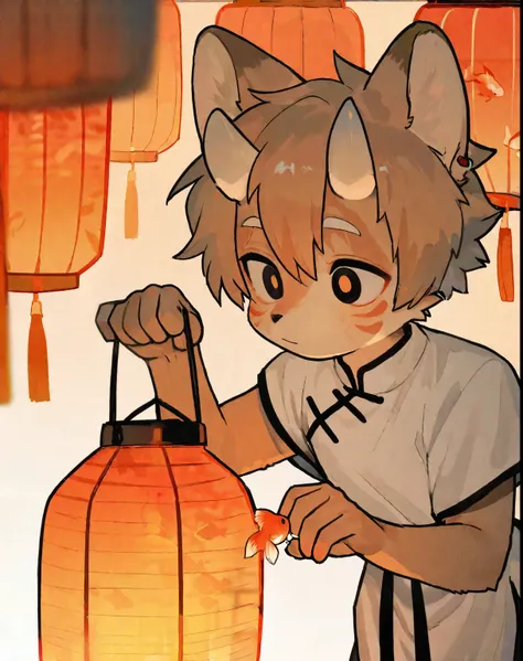 source_ furry， furry male，elementary school students，((boy )),fox boy ,short hair,masterpiece, newest,absurdres, incredibly absurdres, bright eyes, detailed eyes,short hair， happy, closed mouth,  horns, looking at object, looking at lantern, holding lanter...