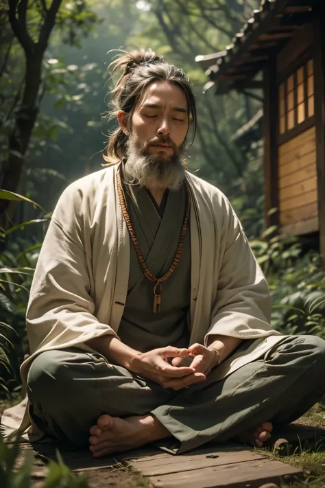  top quality、Very detailed、An ascetic practitioner meditating in a forest deep in the mountains、 he's Japanese、He looks like a hermit 、Meditating