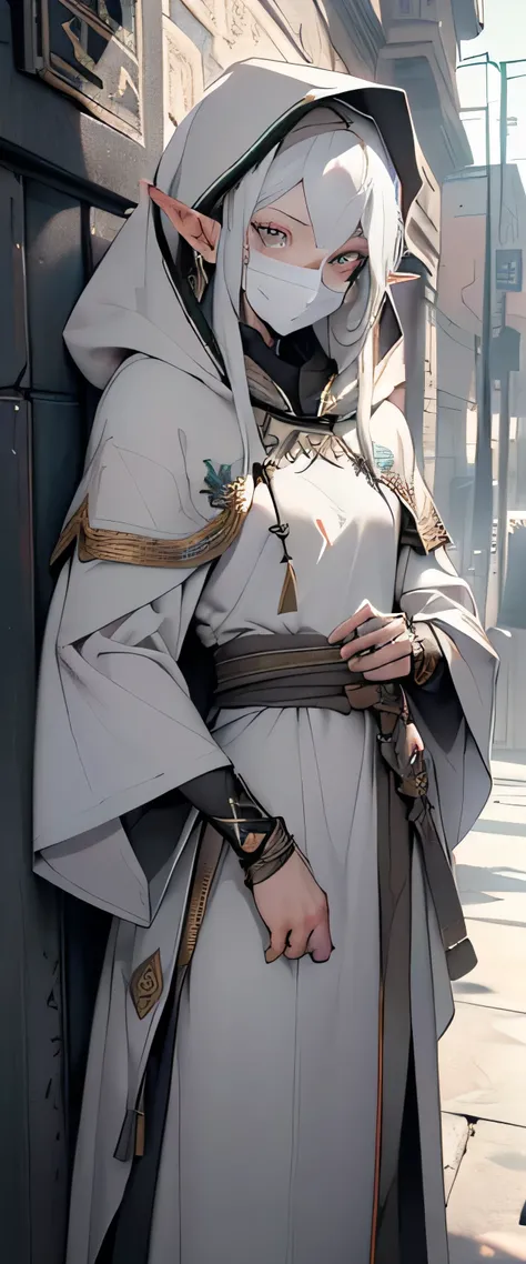 ((stands right now)),((a male poor elf : 1.35)), ((gray Egyptian mummy :1.35)), (( he has a grey hood on :1.4)), (( long grey robe with long sleeves and hood:1.35)), ( white hair:1.35), (((  detailed eyes ,  beautiful eyes ,  black eyes :1.3,  symmetrical ...