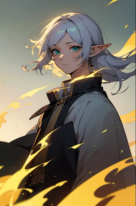 (high-quality, breathtaking),(expressive eyes, perfect face), 1male, solo, elf ears, Green eyes, Silver hair, Mage clothes.