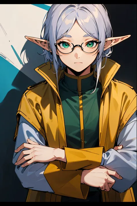 (high-quality, breathtaking),(expressive eyes, perfect face), 1male, solo, elf ears, Green eyes, Silver hair, glasses, office background, arms crossed.