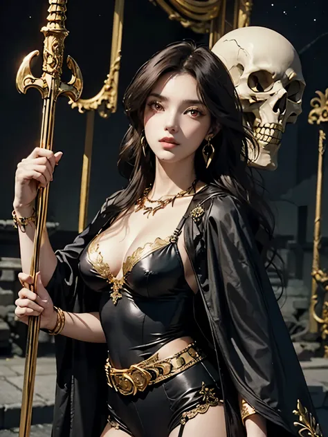 1 girl, solo, details, masterpiece, best quality, photorealistic realism, beautiful girl, long hair, black hair, skull headband, gold earrings, (((red eyes))), beautiful face, skull necklace, perfect body, large breast, open chest, black lingerie, skull br...