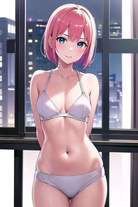 1girl,Samus aran,solo,blue eyes, pink hair, forehead hair, Colorful Glossy brassiere, deep red lips, sleek and straight bob haircut, confident and poised posture, a sleek and modern office with a view of the city skyline, a subtle smile, and a relaxed yet ...