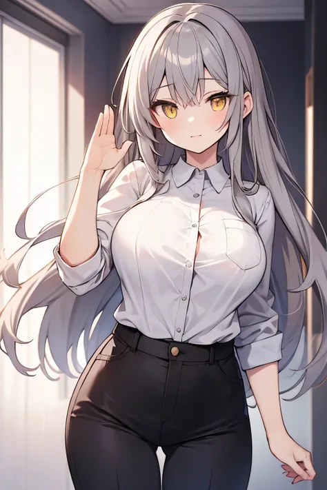 Anime girl with long dark gray hair yellow eyes with big breasts in white shirt and black pants with raised hand greeting 