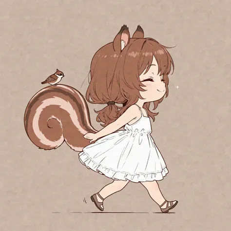  alone,  in the seat\((  chibi:1.3),  cute,  cute,  Brown Long Hair , Sparrow Ears , (  eye closed  ), smile,  beautiful skin,  Walking  ,   white dress , squirrel tail ,  from side,  full body\)   Masterpiece,   top quality ,   very aesthetic,   nothing ,...