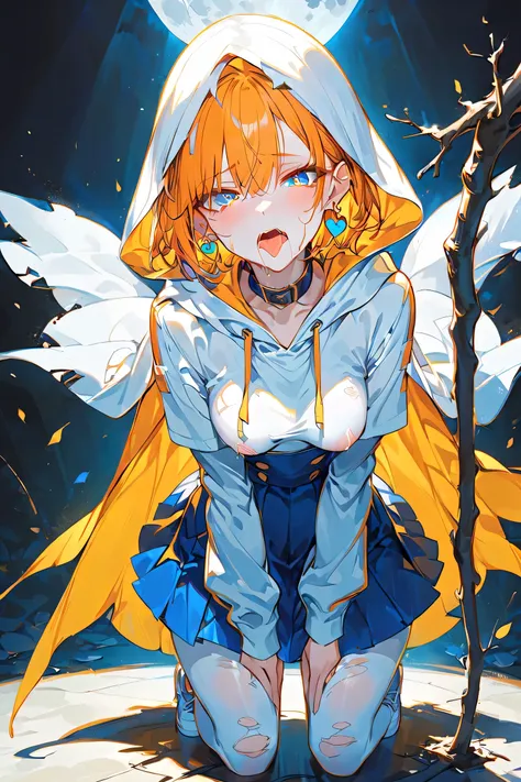 （（ 1 girl ））、（Single）、 High Resolution,   Ultra HD,  Very detailed , short hair, Light orange hair、(( small boobs））, 環狀 Earrings,  Earrings,  blue eyes,  The condominium where the collar 、（（Pure white hooded sweatshirt ））、（Wear a hood）、 Blue Skirt、Torn whi...