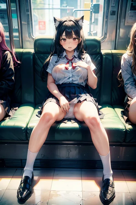  Masterpiece,  3girls in, beautiful women , 27Years,
Sitting in train longseat,
Armrest,teeth,  open your legs,  bend your back, 
 full body,  back focus,machine, 

 office uniform,  Bleather, pleated skirt,  navy socks, White wet panties, Cat ears, (white...