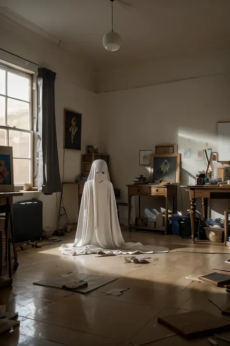 Create a image of a ghost haunting an art room