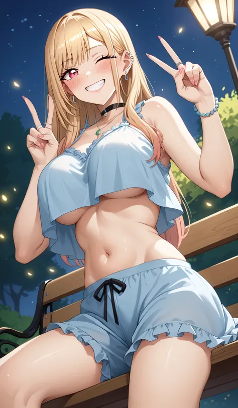 score_9, score_8_up, score_7_up, score_6_up, source_anime, rating_explicit, masterpiece, best quality, amazing quality, 1girl, solo, marin kitagawa, sono bisque doll wa koi wo suru, blonde hair, red eyes, ear piercing, barbell piercing, , grin, v, beautifu...