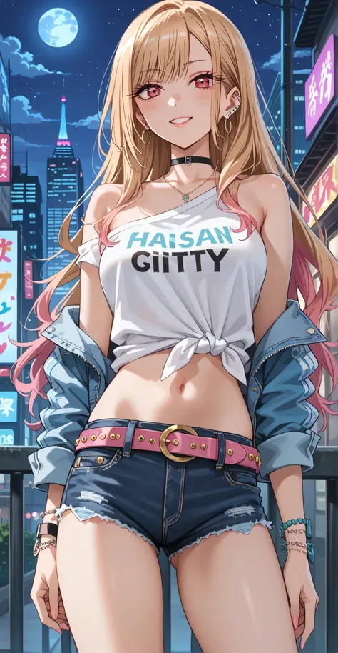 KJOmarin, blonde hair, long hair, pink eyes, earrings, ear piercing, multicolored hair, score_9, score_8_up, score_7_up, source_anime, masterpiece,best quality, medium breasts, flash gyaru, ((Wearing over size shirt, One bare shoulder, Neckless, Short pant...