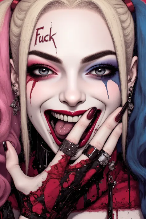 ((face close up,face forcus,extreme close-up shot)),beautiful detailed eyes,Highest Image Quality,best quality ,Ultra-high definition,detailed face, beautiful face ,( Harley_Quinn - Suicide squad) ,fuck sign,(fuck gesture),((flesh scar,blood splatter)),ton...