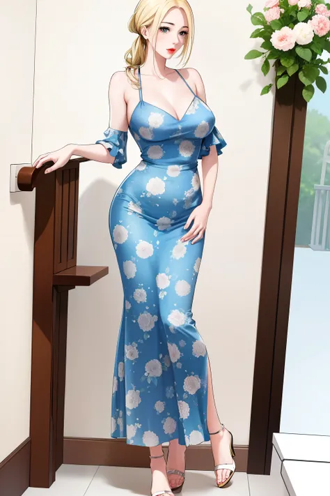 An extremely gorgeous beautiful feminine mother with blonde hair tied with a white ribbon, extremely fair white skin, big blue eyes, plump red lips, and a plain kind smile. She has a plain thin slim normal body and, medium-small normal breasts. She's weari...