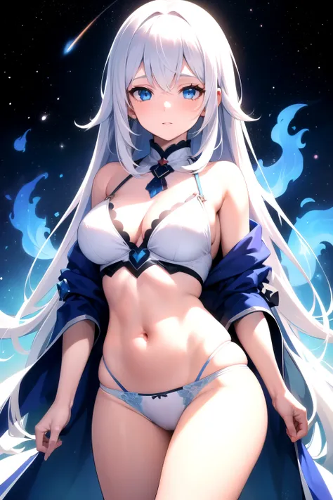 ( Masterpiece ,  Best quality :1.4),  1girl,  with long white hair ,  blue eyes,  in white underwear, uses the magic of blue flames and the magic of space