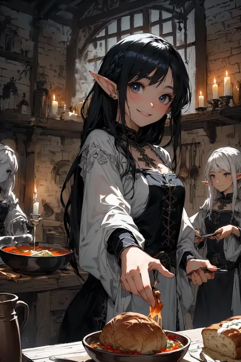  animated girl with a plate of meals is preparing a meal in the kitchen、A , Alchemist girl, Gwaiz on pixiv artstation, Gwaiz on artstation pixiv, Black-haired wizard, artwork in the style of Gwaiz, Gwaiz,  Similar to, everyone,  fantasy style anime , 2.  5...