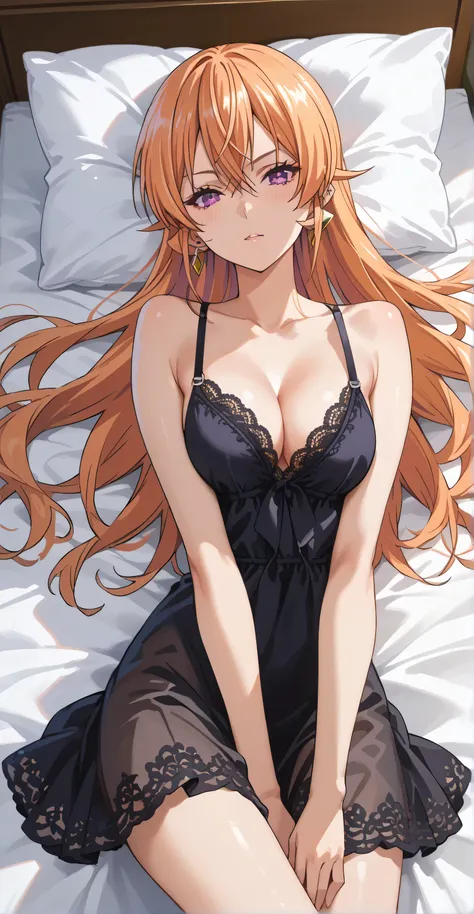 Nakiri erina,  Orange hair, long hair, purple eyes, earrings, ear piercing, multicolored hair, score_9, score_8_up, score_7_up, source_anime, masterpiece,best quality, medium breasts, flash gyaru, Black nightdress, transparent, cool face, looking at viewer...