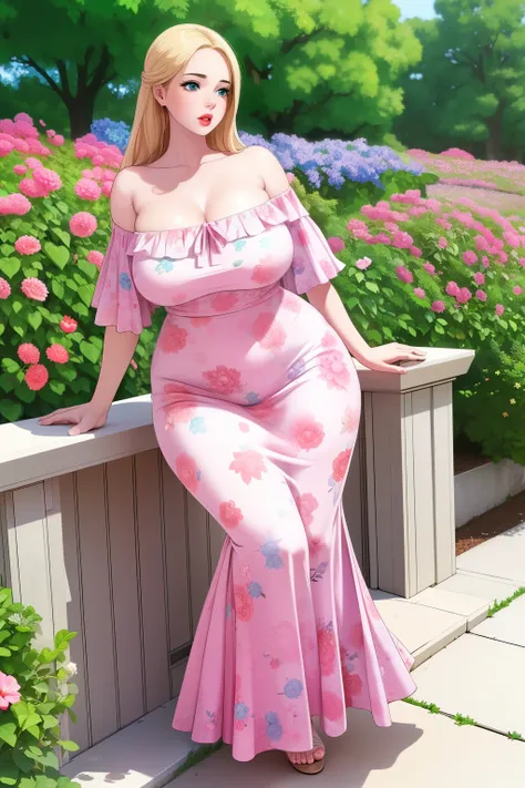 an extremely beautiful sexy curvy busty thin woman with pale blonde hair, big blue eyes, and extremely shiny white fair skin, pink glossy lips in a long off-shoulder blue floral dress. Show full body from head to feet. garden in the background.