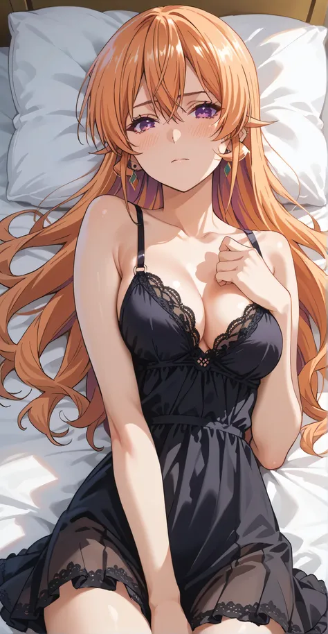 Nakiri erina,  Orange hair, long hair, purple eyes, earrings, ear piercing, multicolored hair, score_9, score_8_up, score_7_up, source_anime, masterpiece,best quality, medium breasts, flash gyaru, shy, Black nightdress, transparent, cool face, looking at v...