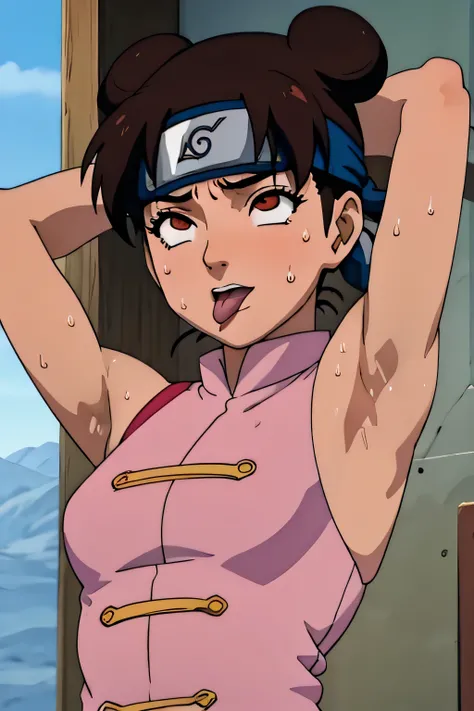 Tenten,human woman.with brown eyes and pink clothing. Her hair is long and brown in color; She is beautiful. Fair skin.Tsundere face. Pink eye shading,mature appearance,armpits,sweat,sweaty,sweaty armpits,arms up,showing armpits,awesome armpits,tongue