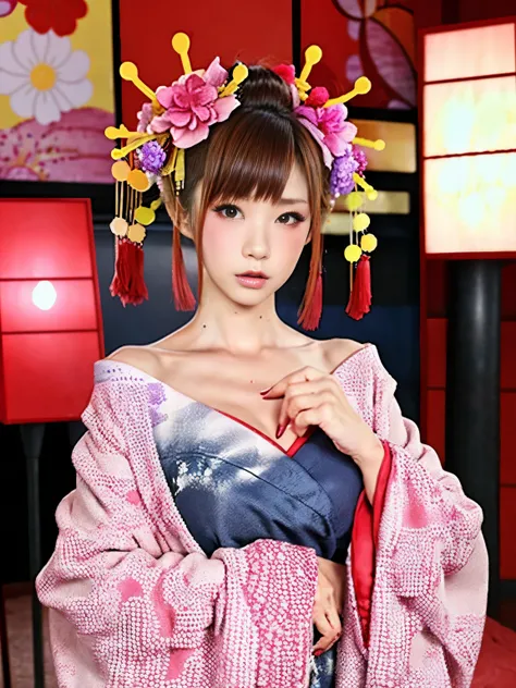 4K,  Masterpiece,   high image quality , Confused,自然で立body的なライティングと影, 笑face, My Deep Self Is Written in the Depths of the World ,soft delicate beautiful attractive face,  courtesan with beautiful edges_woman, a woman in a kimono posing for a picture  , The...