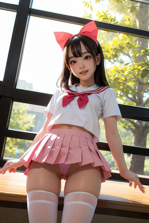 girl standing in school park,sailor shirt with red bow tie,school skirt, upskirt, pink panties, pantyhose, 18-year-old,bangs,a little smiles,thighs,knees,from below