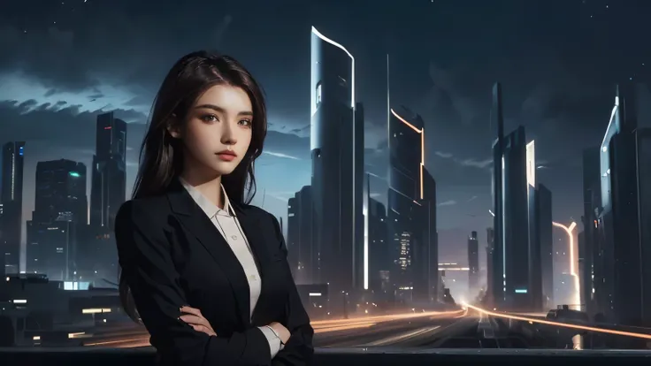 The time is night.A beautiful woman. Dark brown hair. Twenty-five years old. She is looking at the camera with a serious expression. She is wearing a black business suit. A futuristic city exists in the space behind her.