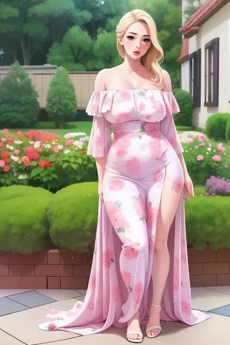 an extremely beautiful sexy curvy busty thin woman with pale blonde hair, big blue eyes, and extremely shiny white fair skin, pink glossy lips in a long off-shoulder blue floral dress. Show full body from head to feet. garden in the background.