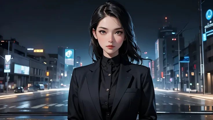 Magnificent and classy portrait inspired by the image ,  girl in a suit ,  girl in a suit ,  Women-Focused Photos ,  promotional portrait ,  matte painting, Dark Suit,   business suit with an umbrella ,  posters , Background city,   businesswoman,   of a w...