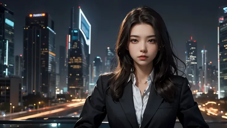 The time is night.A beautiful woman. Dark brown hair. Twenty-five years old. She is looking at the camera with a serious expression. She is wearing a black business suit. A futuristic city exists in the space behind her.