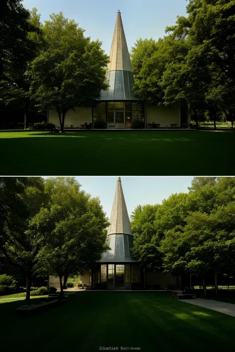 Edit the image so that you see a library whose roof is what you see in the original image, That is, a lawn on the roof with that huge cone in the center. The lawn is blooming and there are benches where people read. The lower part of the cone is transparen...