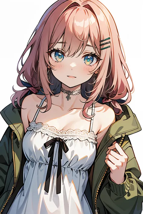 (masterpiece:1.2), (high quality:1.2), girls with(((1girl, solo, hair clips, camisole, bare shoulders, collarbone, Lace dress, Pink hair, Green eyes, long hair, Ribbon))), (((khaki hoodie, green hoodie, hood down, hooded jacket, jacket, long sleeves, mediu...