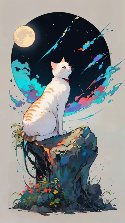 cat, back view,  simple background, moon