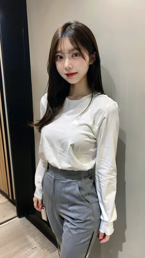 Beautiful Japanese woman, white skinned, wearing a tight long-sleeved shirt, tight trousers, standing showing her whole body