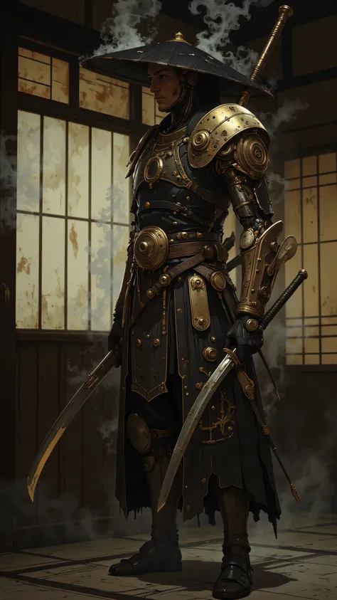 A traditional samurai waering a black Japanese straw hat stands in a dojo, seen from the front. His right arm is a slender steampunk mechanical arm with steam emanating from it, including gears and brass pipes. He holds a katana in one hand, poised and rea...