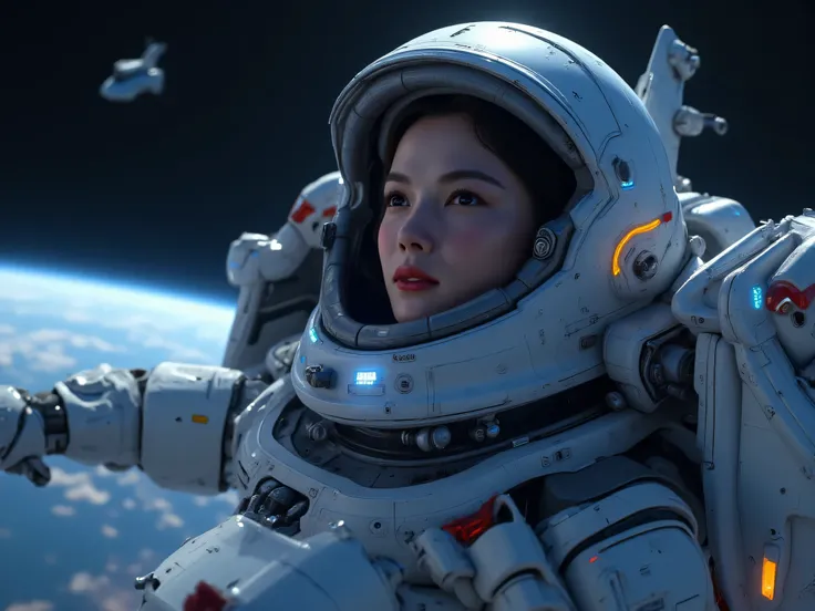 Astronaut wearing full gear,close up face view, floating in space ,planet earth and moon  in background, full of stars, magical view ,dark space, space shuttle nearby,photo realistic, 8k quality