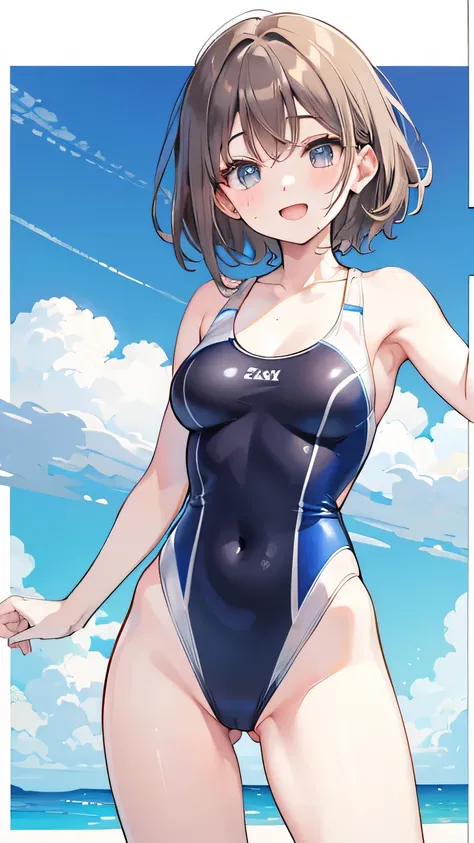 watanabe you,   1girl  , alone, looking at viewer, blush、I'm ashamed、 open mouth, short hair, brown hair, medium breasts, grey hair, 1 High School Girl 、 single、 swimsuit、 one piece swimming swimsuit 、smile、 watch the audience 、 excellent style、match swims...