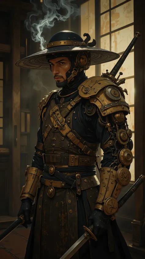 A traditional samurai waering a black Japanese straw hat stands in a dojo, seen from the front. His right arm is a slender steampunk mechanical arm with steam emanating from it, including gears and brass pipes. He holds a katana in one hand, poised and rea...