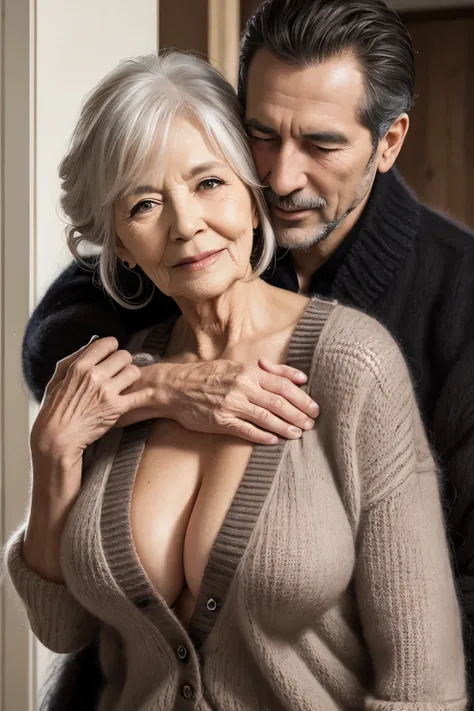 75 year old woman with updo naked with large sagging breasts in an extremely thick long black soft mohair cardigan is hugged from behind by a man