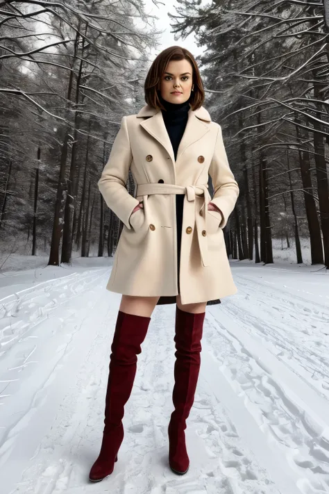 Show me the mature actress Emily Deschanel, She is 47 years old ,  In a nice winter outfit, with thigh-high boots in dark red,  winter landscape 