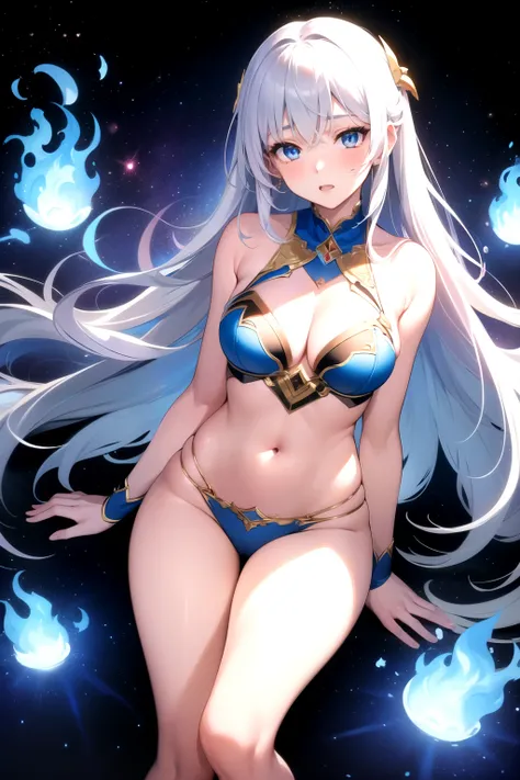 ( Masterpiece ,  Best quality :1.4),  1girl,  with long white hair ,  blue eyes,  in white underwear, uses the magic of blue flames and the magic of space