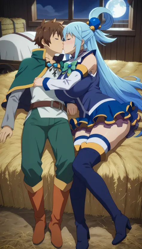 satou_kazuma, sleeping, 1girl, aqua_(konosuba), 1boy, long_hair, blue_hair, brown_hair, thighhighs, boots, detached_sleeves, candle, night, lying, hair_ornament, blue_footwear, closed_eyes, skirt, , thigh_boots, short_hair, hair_rings, cape, moon,Farm, str...