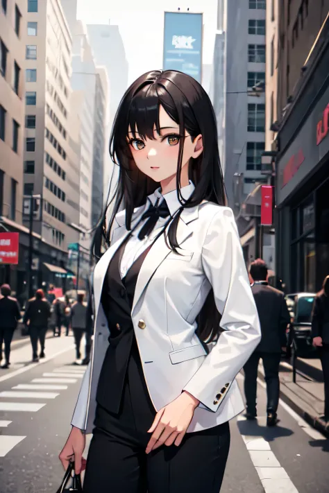  1 girl, black hair, long hair, career woman, suit