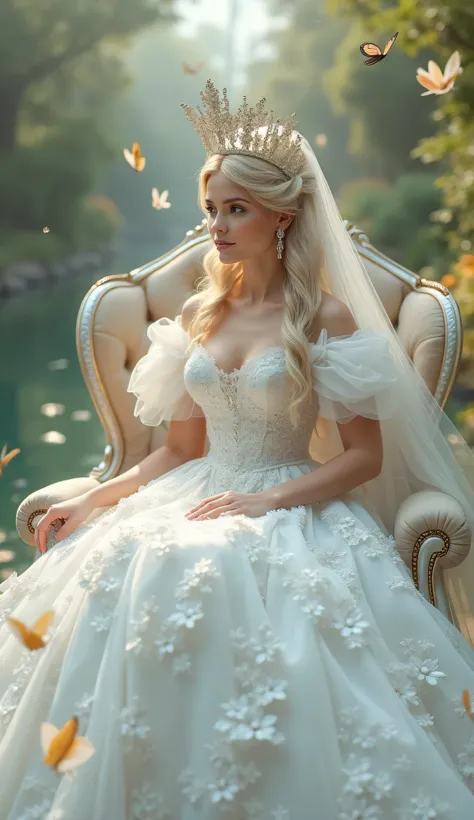 Creat a 3d Realistic Image Where Princess Is Sitting A causauly On Princess Chair and Wearing a White Wedding Dress Who Is Fully Coverd His Body And Wearing A Headping Who Is made With Followers And Butterfly Around The Headping In Background The Waterfal ...