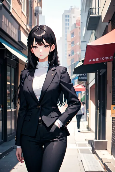  1 girl, black hair, long hair, career woman, suit,president